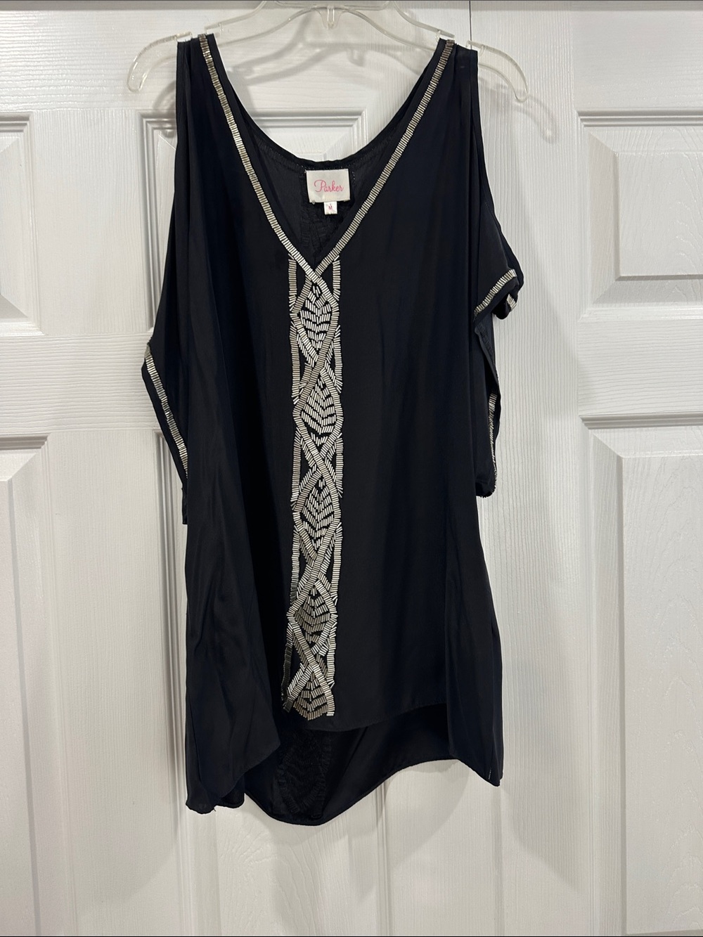 Parker Black Cold-Shoulder Tunic with Silver Beaded Trim